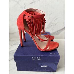 STUART WEITZMAN Red Suede Fringe Ankle Strap Heels Size 7.5